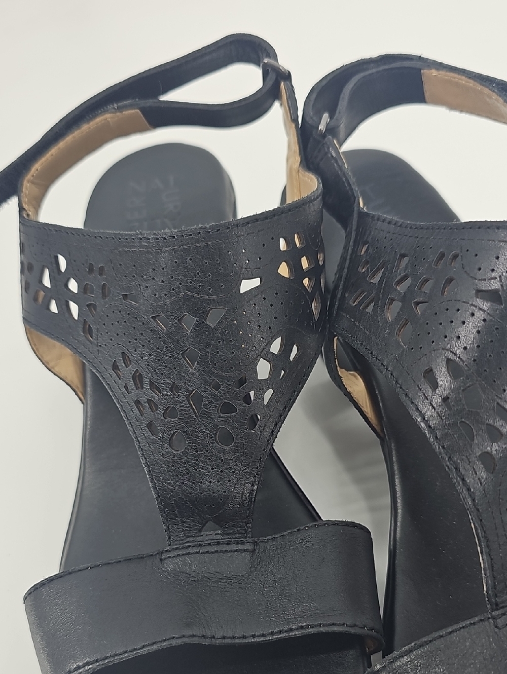 Naturalizer Black Leather Laser-Cut Wedge Sandals - Picture 2 of 4